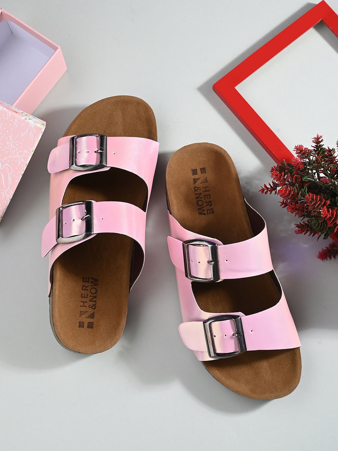 

HERE&NOW Pink & Brown Two Strap Open Toe Flats With Buckle Detail