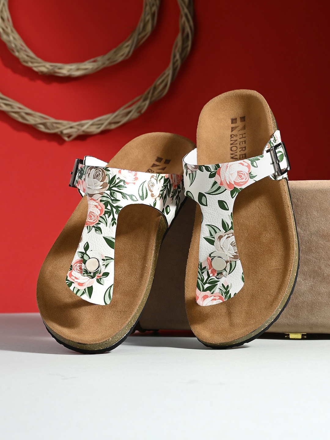 

HERE&NOW Sea Green & Brown Printed T-Strap Flats With Buckles Detail