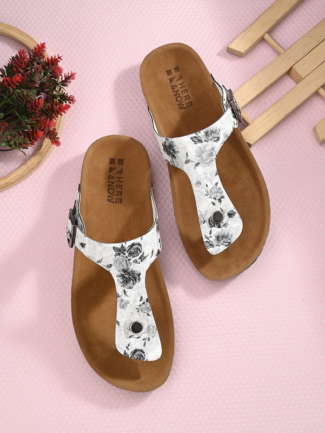 

HERE&NOW White & Brown Printed T-Strap Flats with Buckles