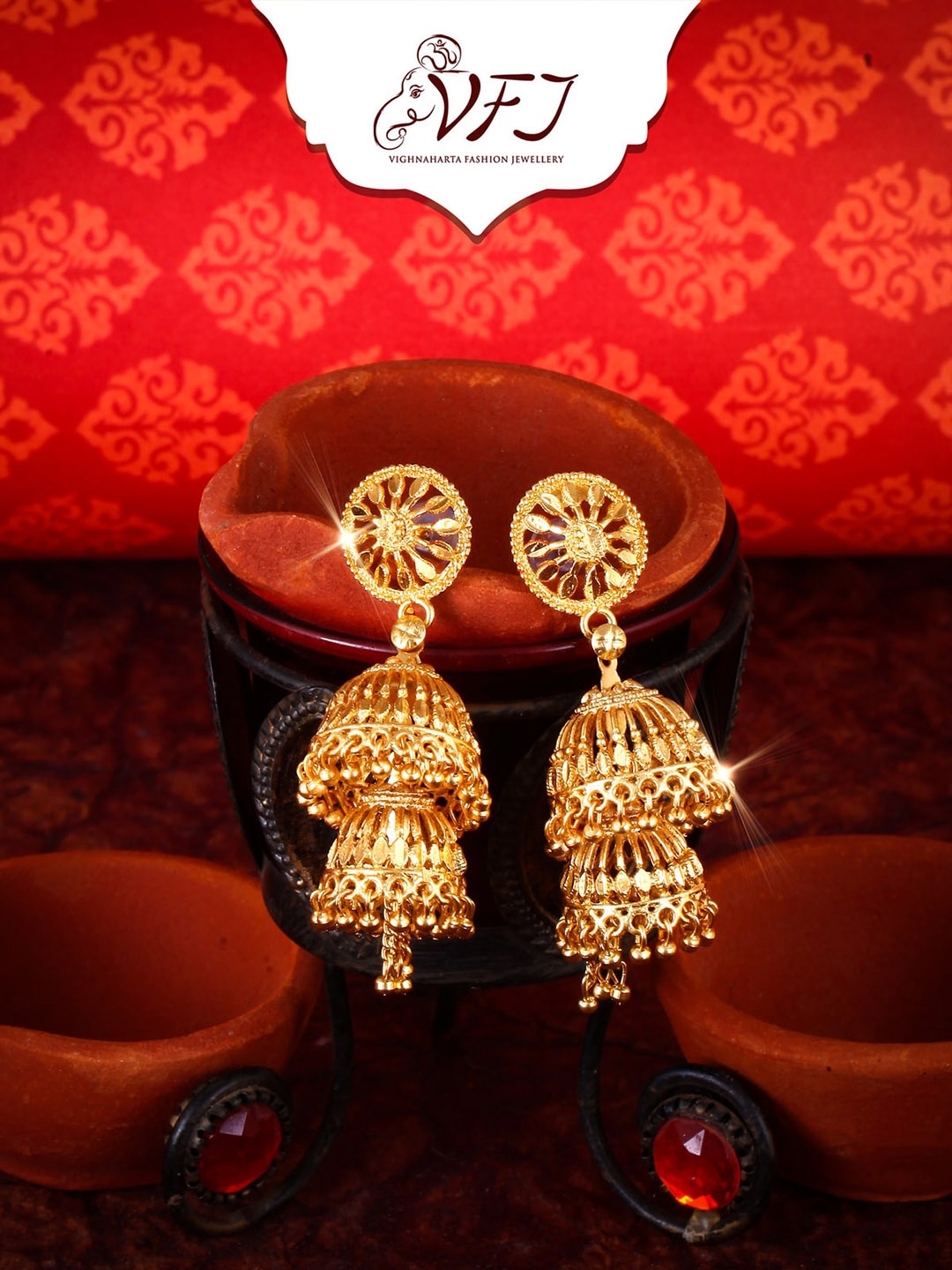 

Vighnaharta Gold-Plated Floral Jhumkas Earrings