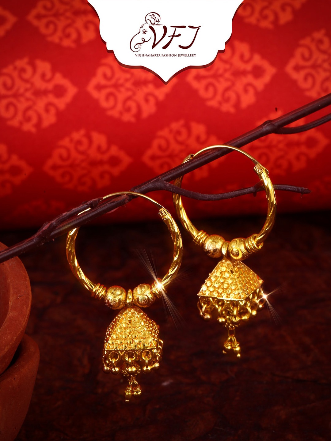 Vighnaharta Gold-Plated Floral Jhumkas Earrings