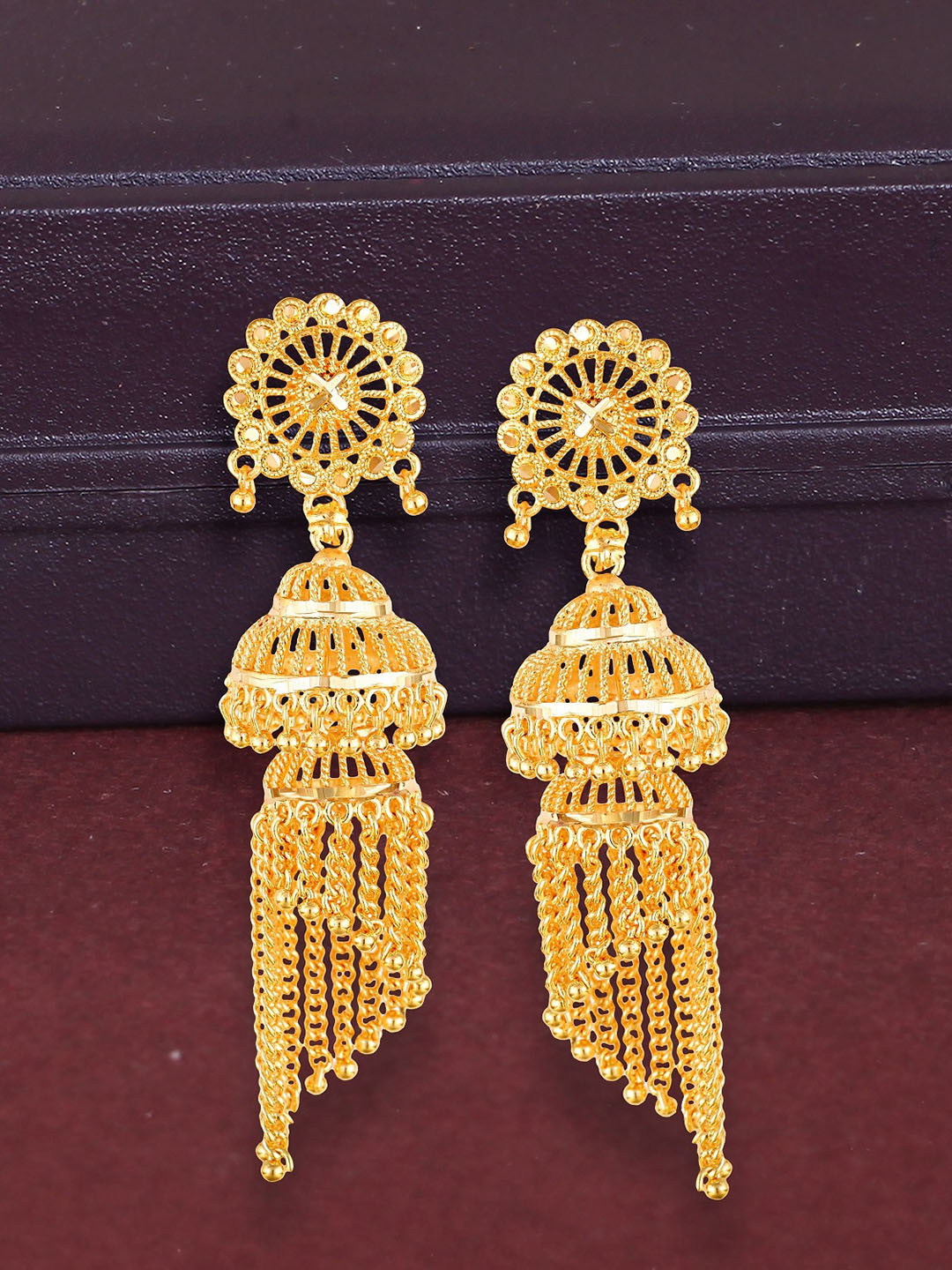 

Vighnaharta Gold-Plated Stone Studded Dome-Shaped Jhumkas Earrings