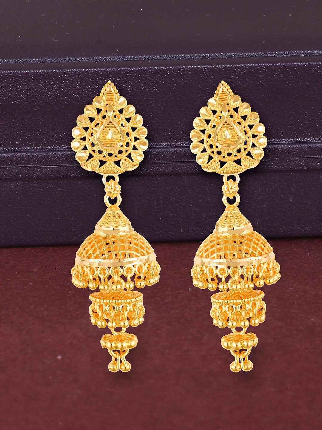 Vighnaharta Gold-Plated Dome-Shaped Jhumkas Earrings