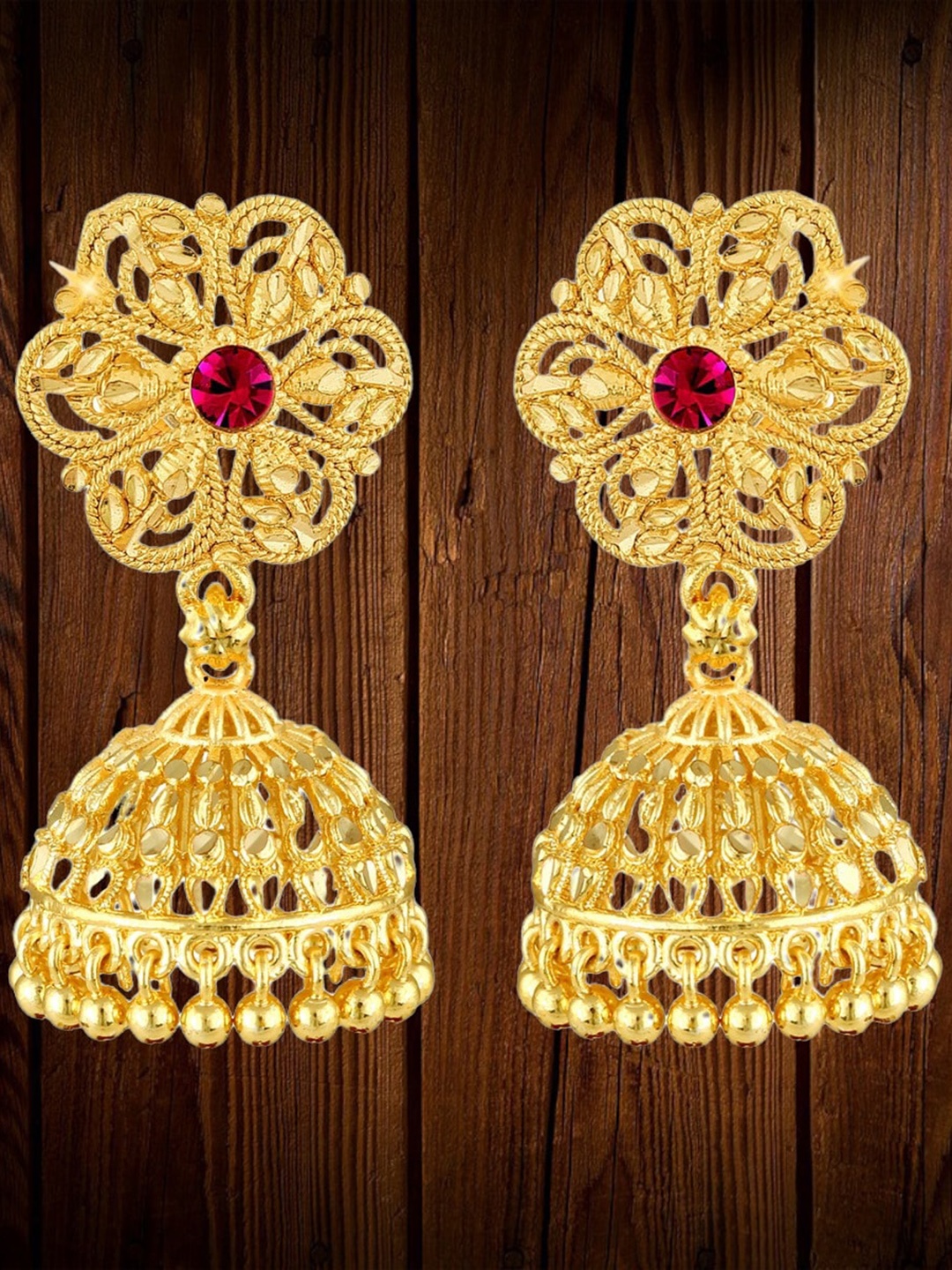 Vighnaharta Gold-Plated Cubic Zirconia Dome-Shaped Jhumkas Earrings