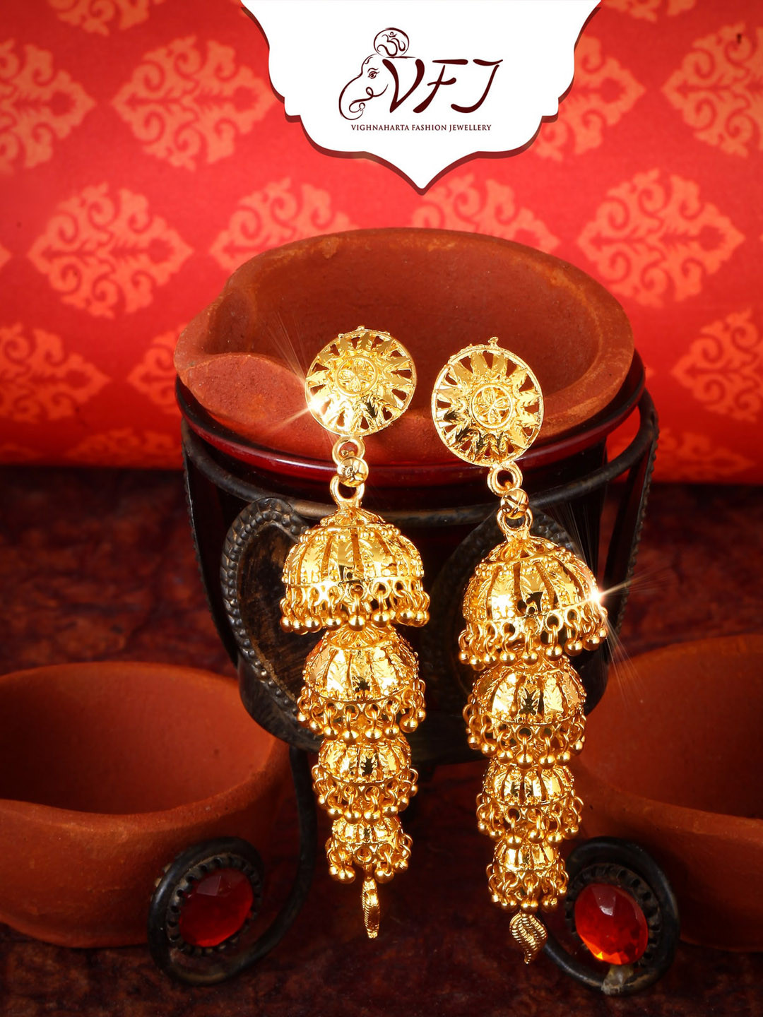 

Vighnaharta Gold-Plated Cubic Zirconia Dome-Shaped Jhumkas Earrings