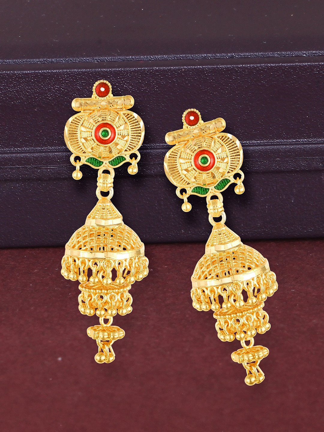 

Vighnaharta Gold-Plated Stones Studded Dome-Shaped Jhumkas Earrings