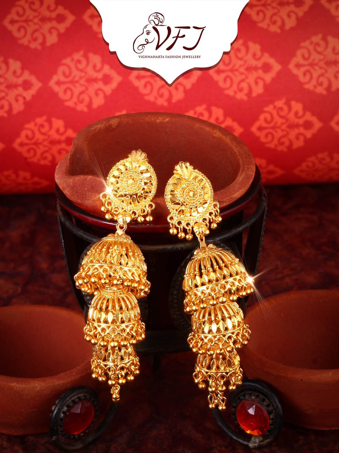 Vighnaharta Gold-Plated Dome Shaped Jhumkas