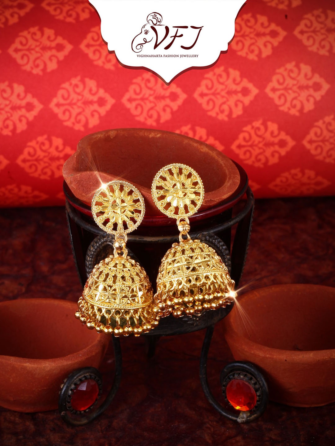 

Vighnaharta Gold-Plated Dome Shaped Jhumkas