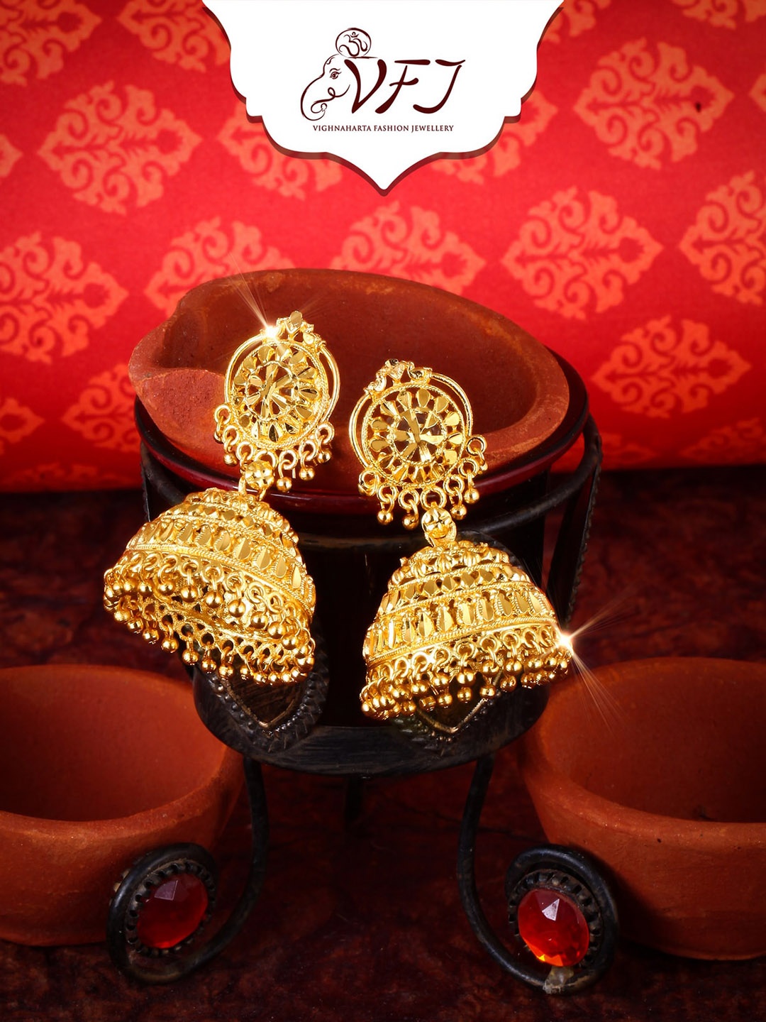 

Vighnaharta Gold-Plated Dome Shaped Jhumkas