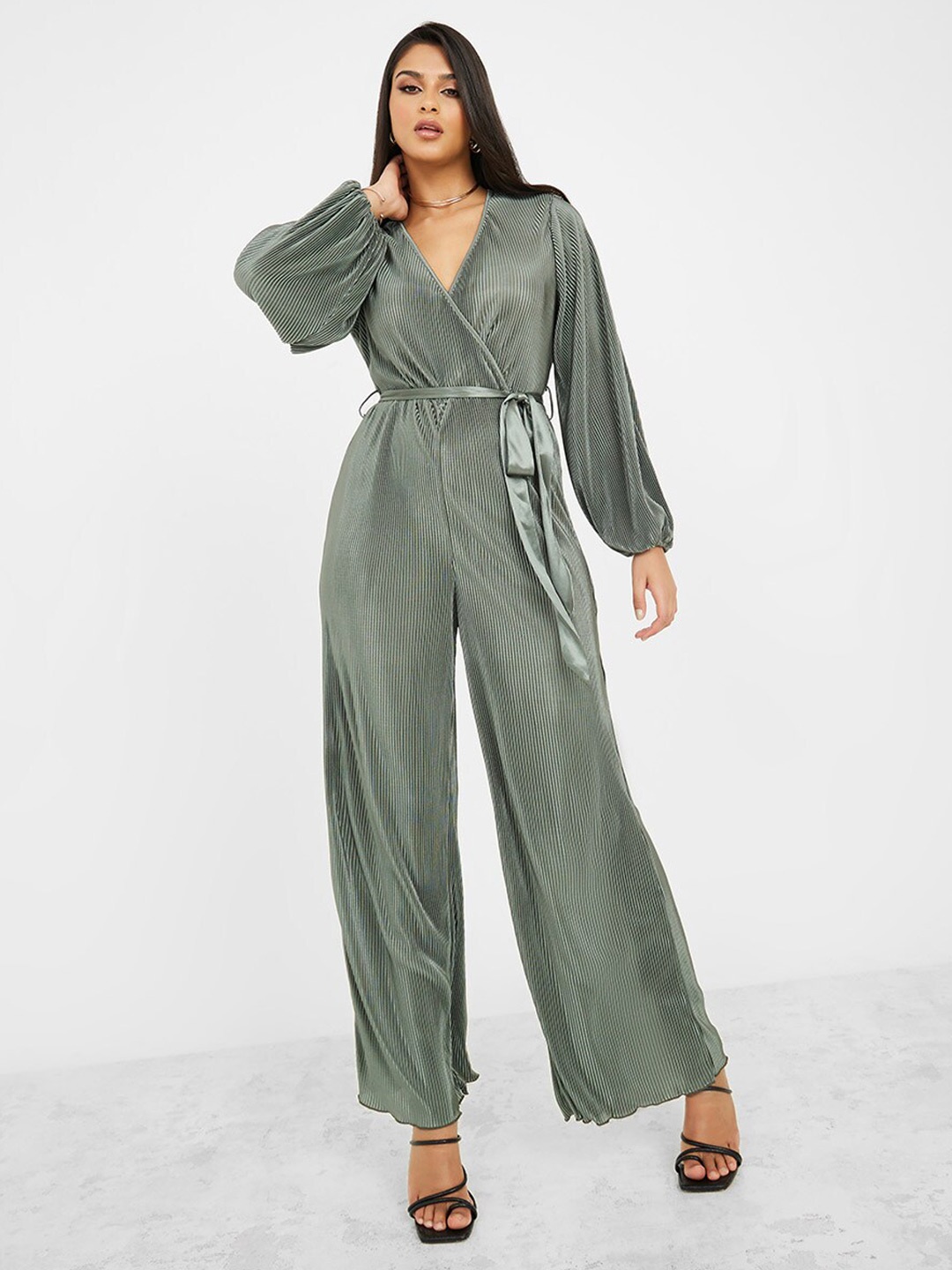 

Styli Puff Sleeves Tie-Up Detail Wide Leg Basic Jumpsuit, Green