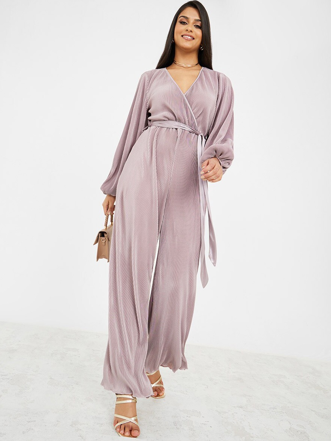 

Styli Puff Sleeves Tie-Up Detail Wide Leg Basic Jumpsuit, Purple