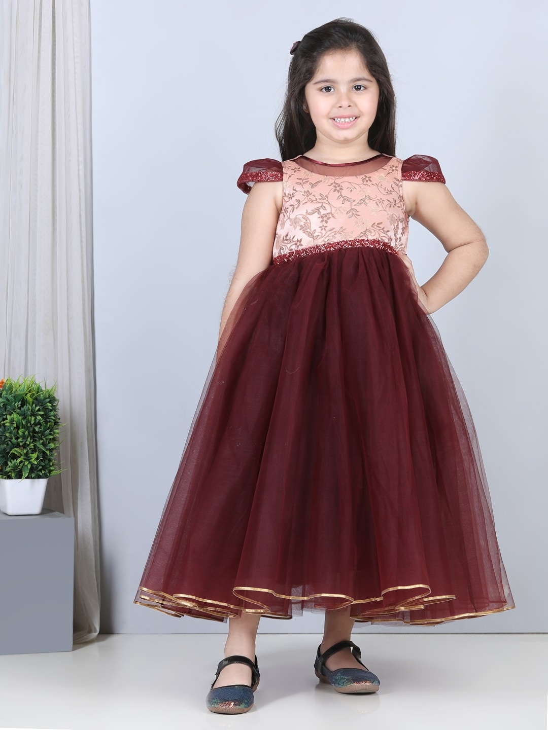 

Toy Balloon kids Girls Floral Self Design Cold-Shoulder Embellished Net Maxi Party Dress, Maroon