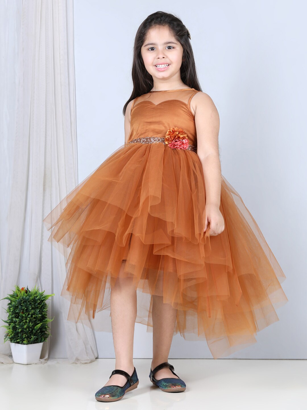 

Toy Balloon kids Girls Embellished High-Low Hem Fit & Flare Tulle Dress, Brown