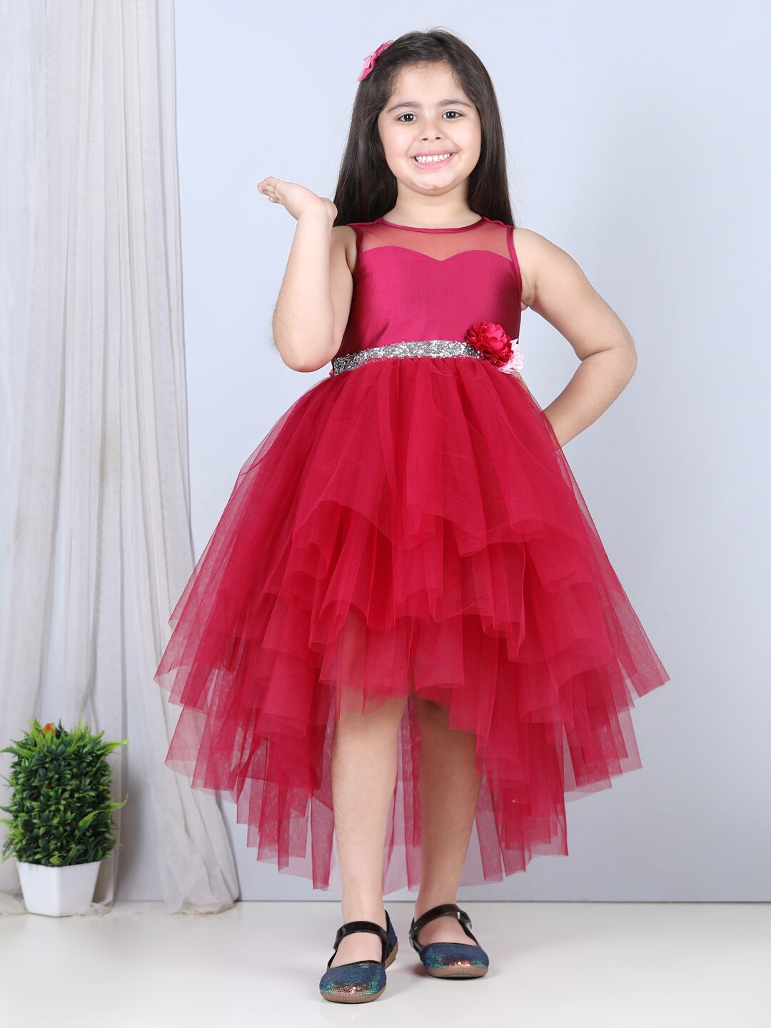 

Toy Balloon kids Girls Embellished High-Low Hem Fit & Flare Tulle Dress, Red