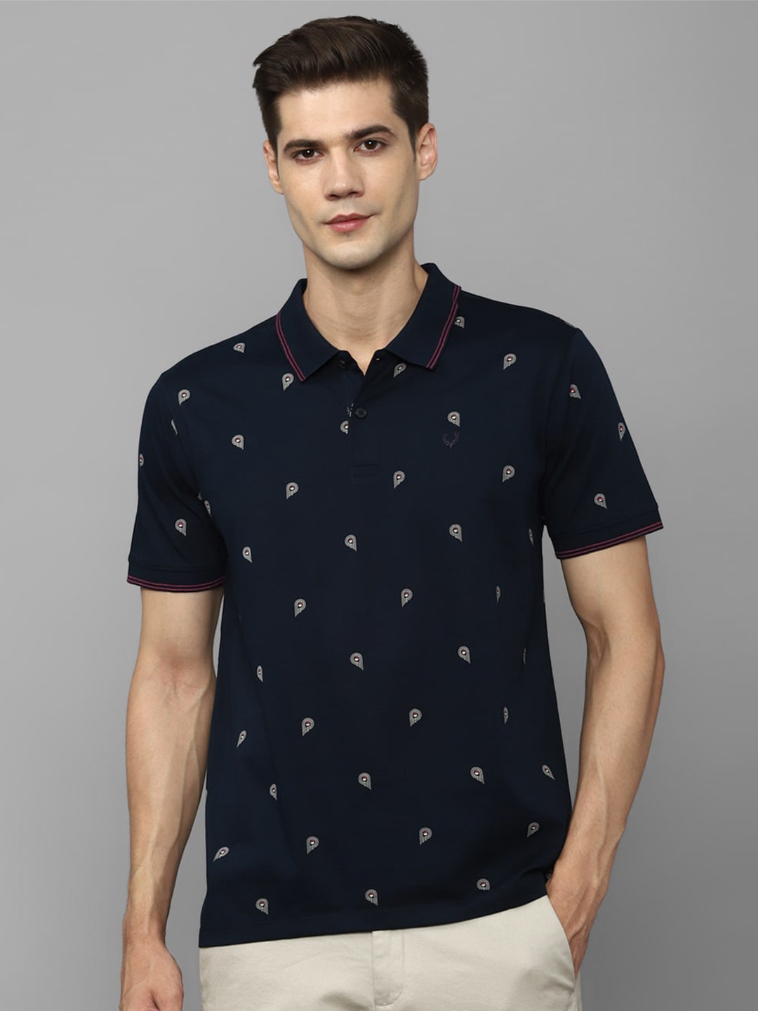 

Allen Solly Abstract Printed Polo Collar Pure Cotton T-shirt, Navy blue