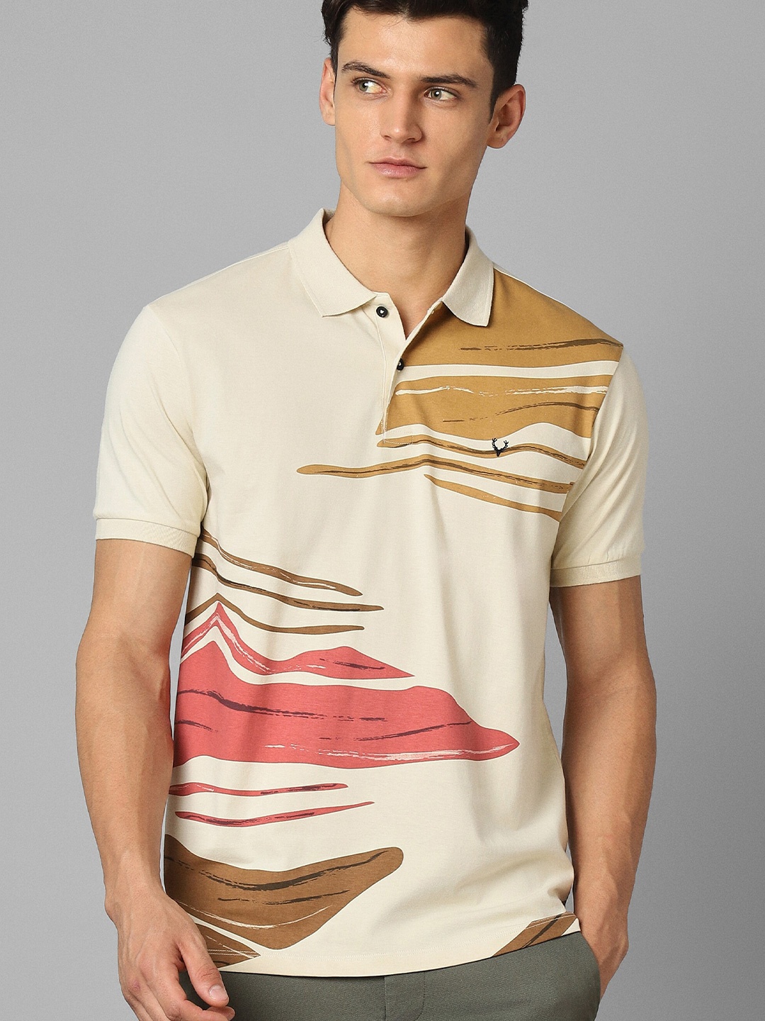 

Allen Solly Sport Abstract Printed Polo Collar Pure Cotton T-shirt, Beige
