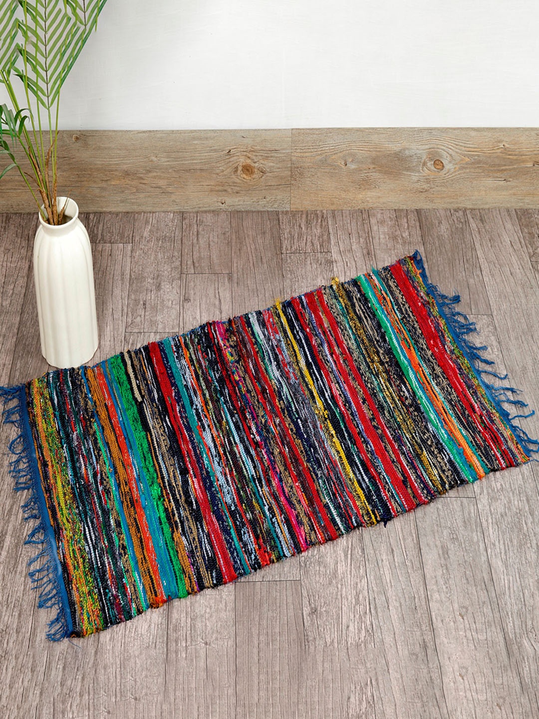 

HANDICRAFT PALACE Blue & Red Hand Braided Chindi Cotton Rectangular Reversible Carpet