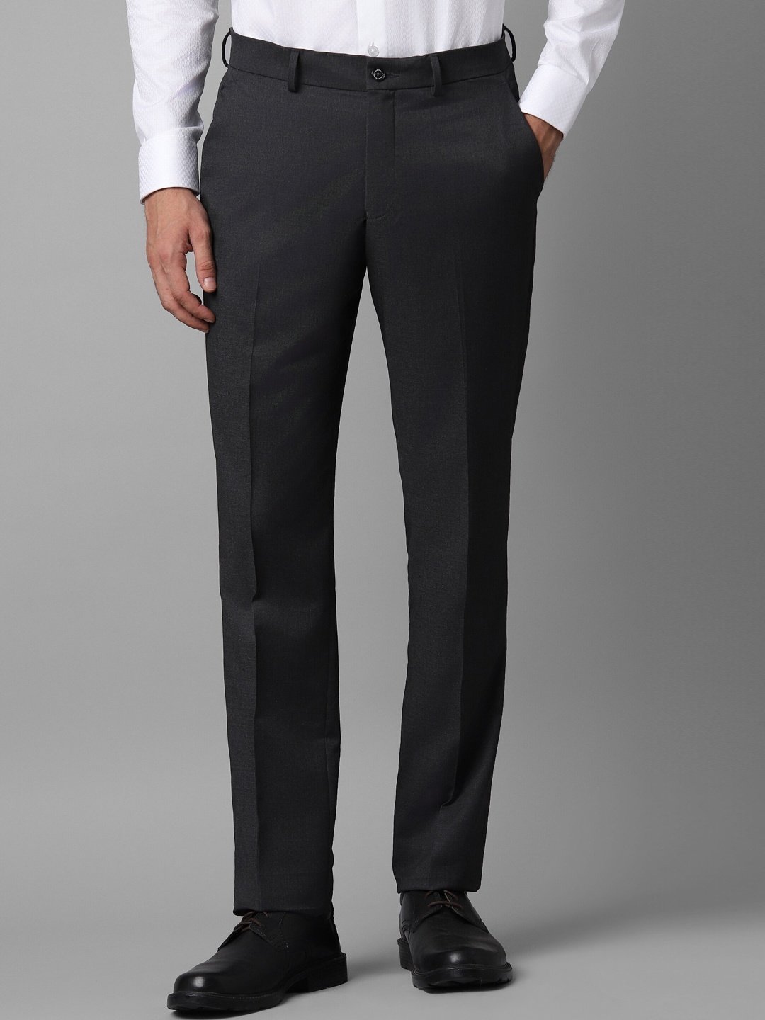 

Louis Philippe Men Mid Rise Plain Knitted Slim Fit Formal Trousers, Black