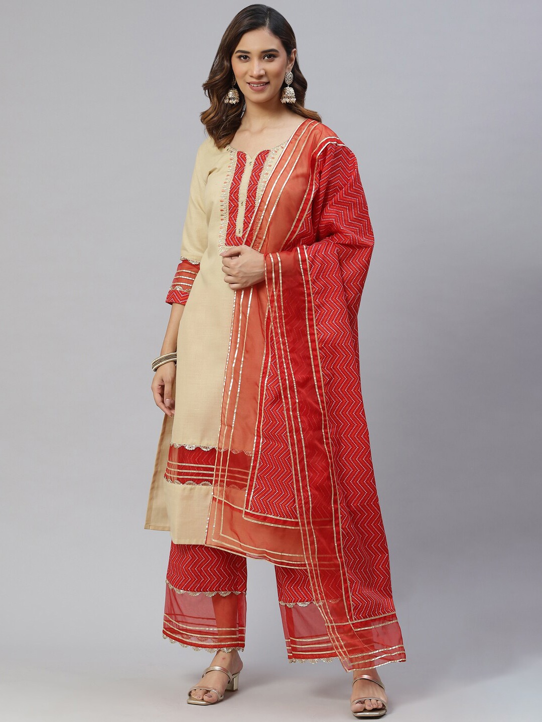 

KALINI Regular Gotta Patti Pure Cotton Kurta with Palazzos & Dupatta, Cream