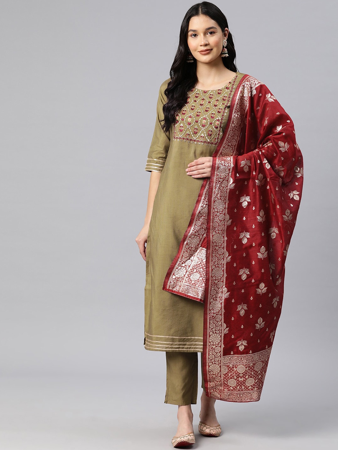 

KALINI Ethnic Motifs Embroidered Thread Work Kurta With Trousers & Dupatta, Beige