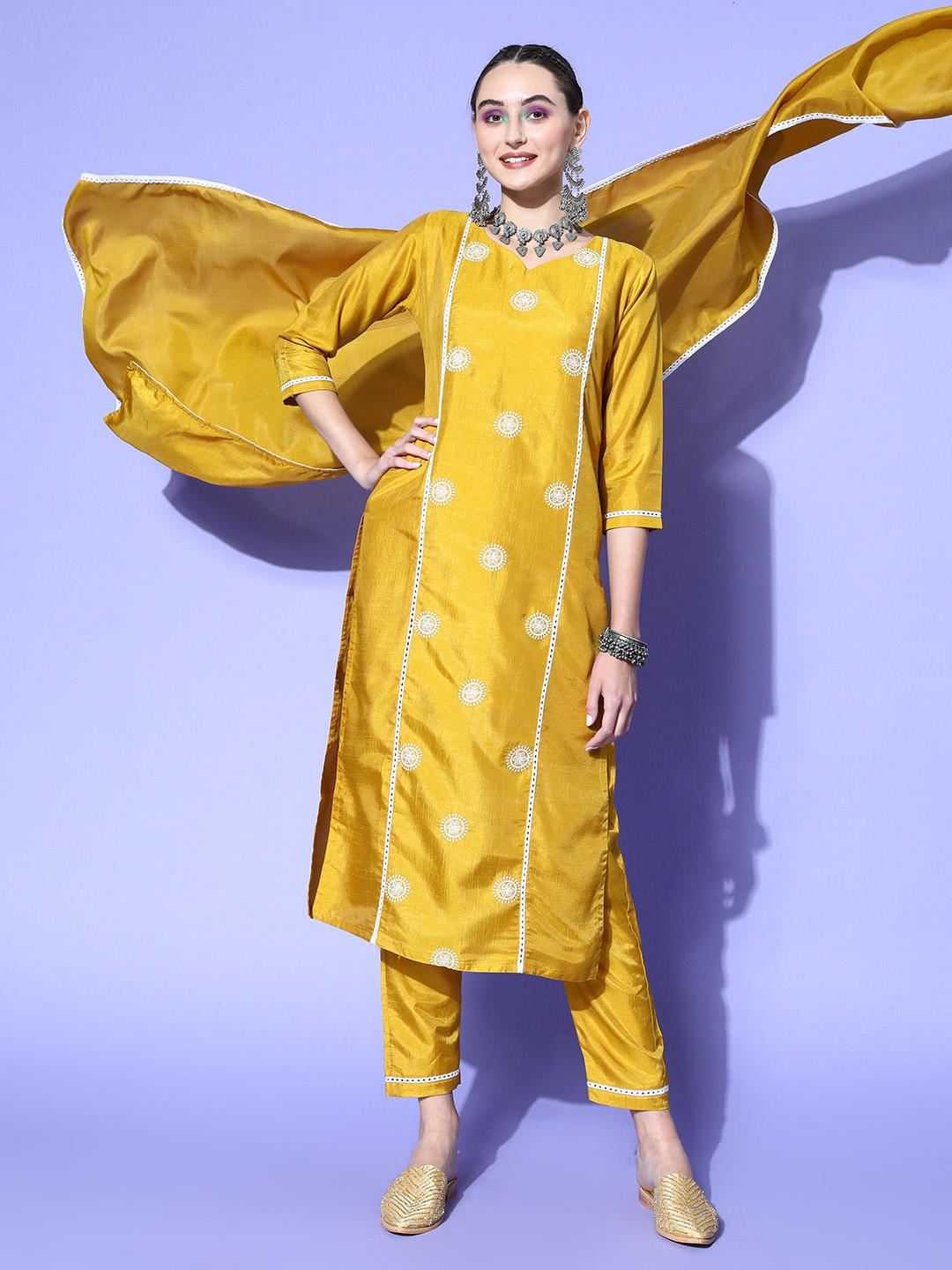 

KALINI Floral Embroidered Thread Work Kurta With Trousers & Dupatta, Yellow