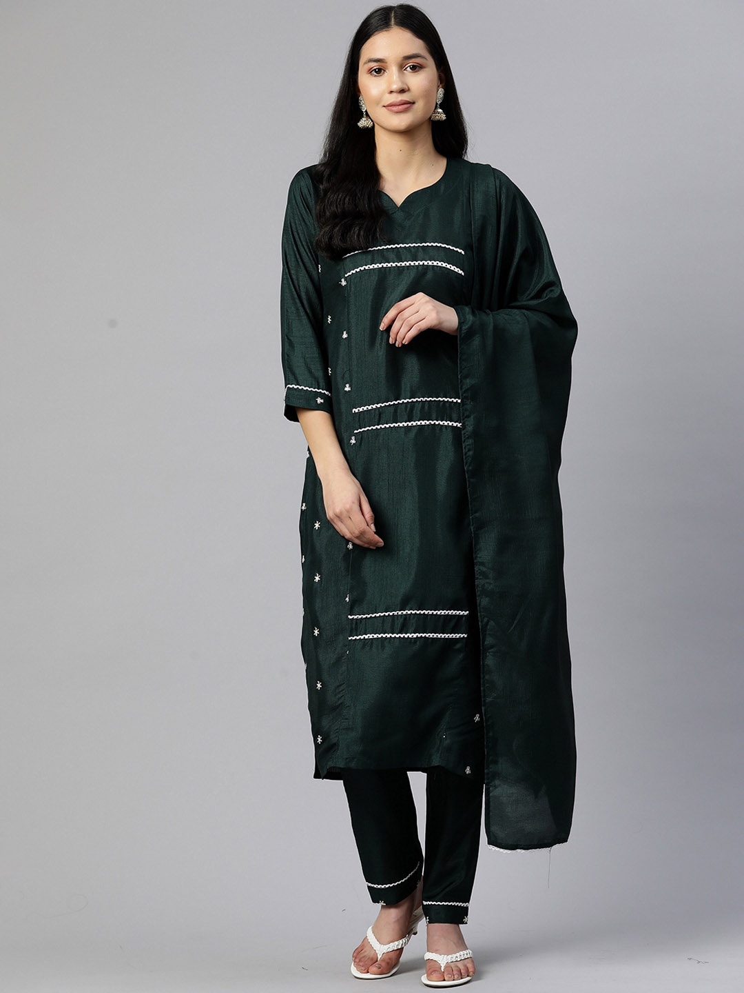 

KALINI Floral Embroidered Silk Chiffon Kurta With Trousers & Dupatta, Green