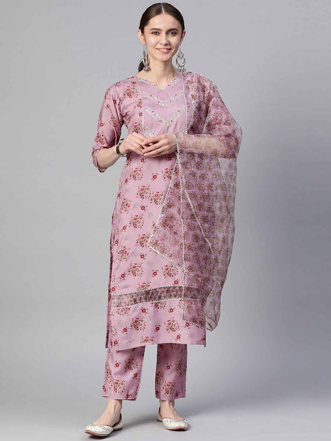 

KALINI Floral Embroidered Gotta Patti Kurta With Trousers & Dupatta, Lavender