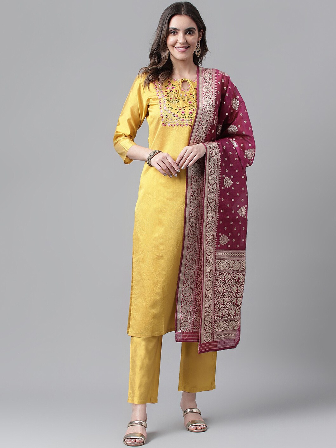 

KALINI Embroidered Regular Thread Work Kurta with Trousers & Dupatta, Mustard