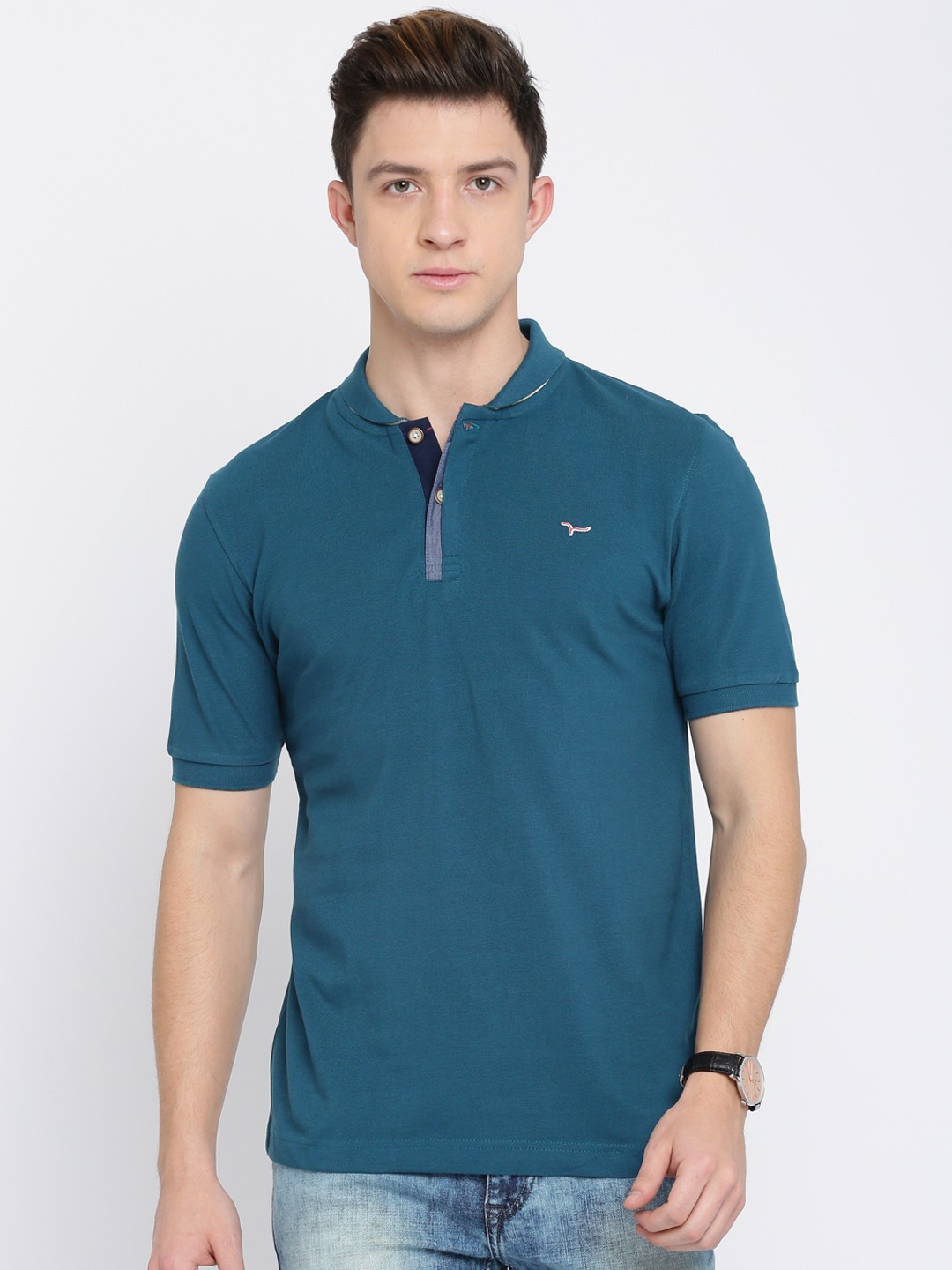 

Flying Machine Men Teal Blue Solid Polo Collar Pure Cotton T-shirt