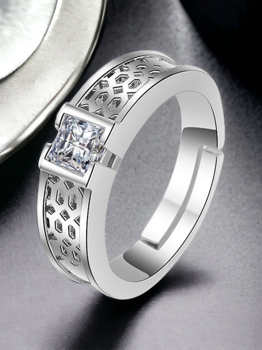 

MYKI Silver-Plated Sterling Silver Cubic Zirconia Studded Finger Ring