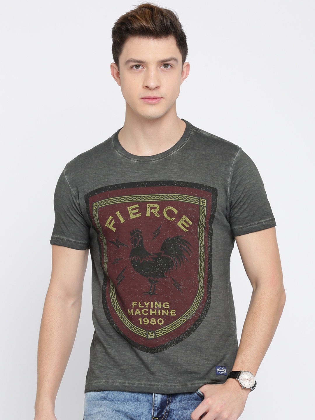 

Flying Machine Men Charcoal Grey Printed Round Neck T-shirt