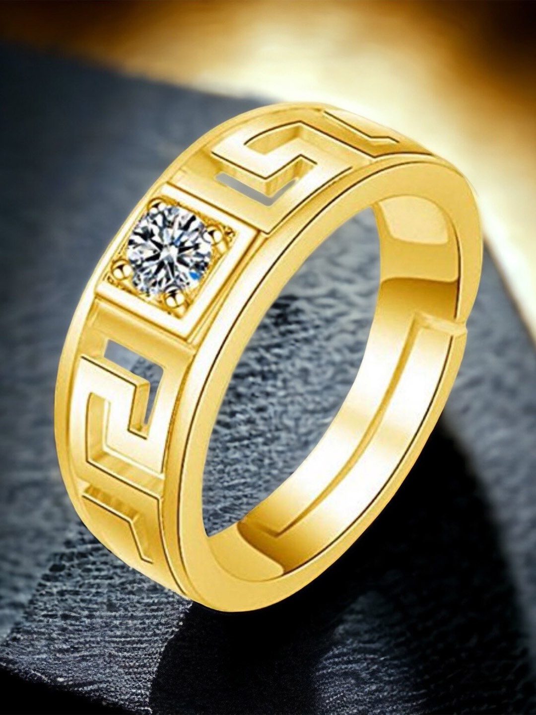 

MYKI Men Gold-Plated CZ-Studded Adjustable Stainless Steel Finger Ring