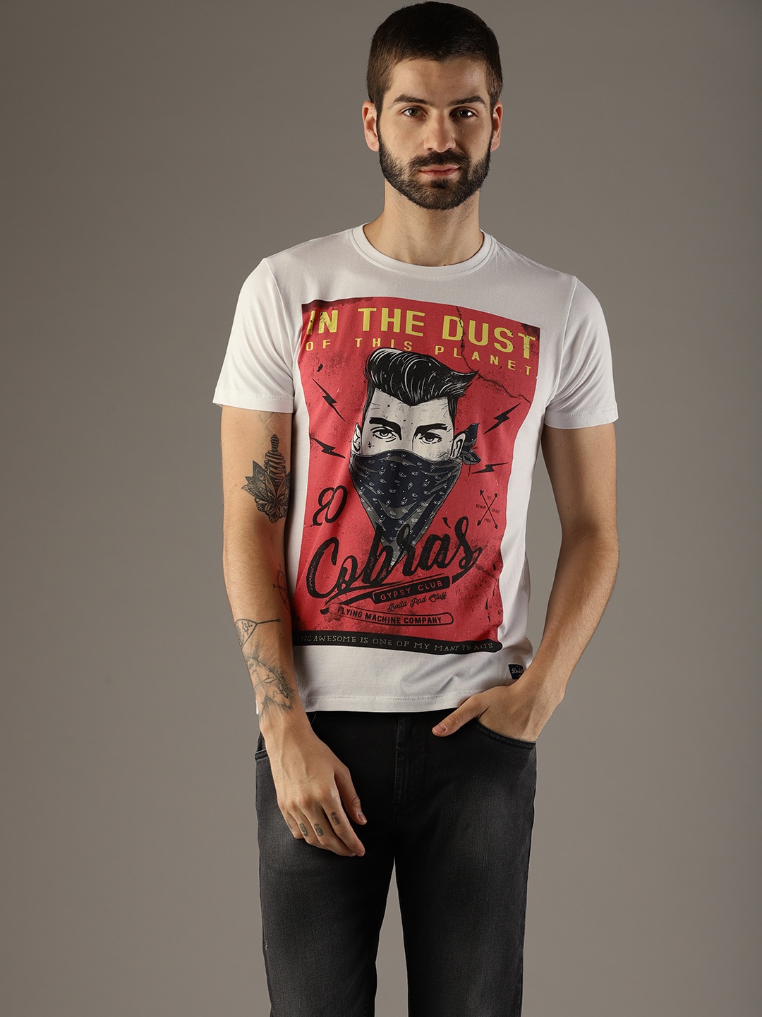 

Flying Machine Men White Printed Round Neck T-shirt