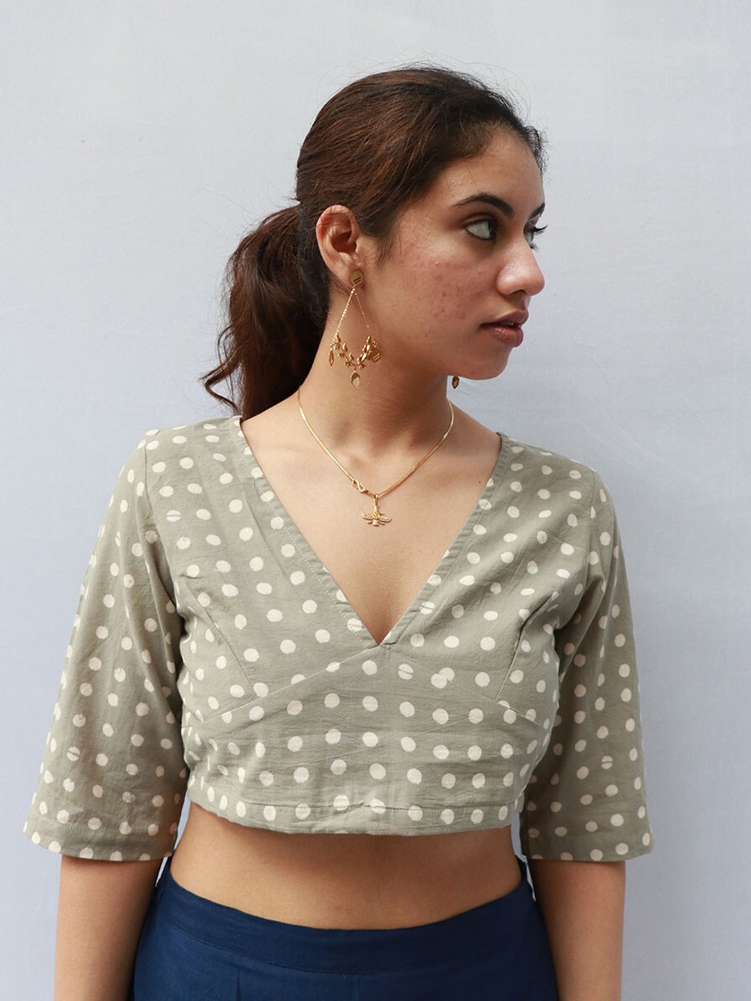 

Chidiyaa Polka Dot Printed Hand Block Cotton Saree Blouse, Grey