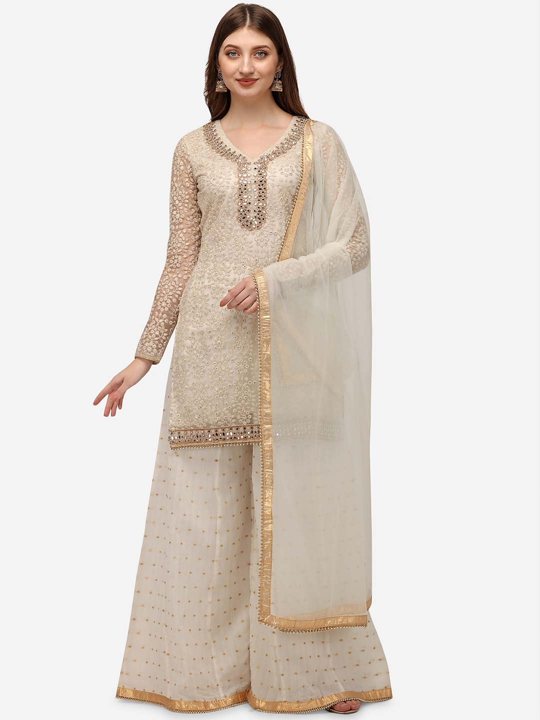 

Nivah Fashion Embroidered Regular Mirror Work Kurta With Sharara & Dupatta, White