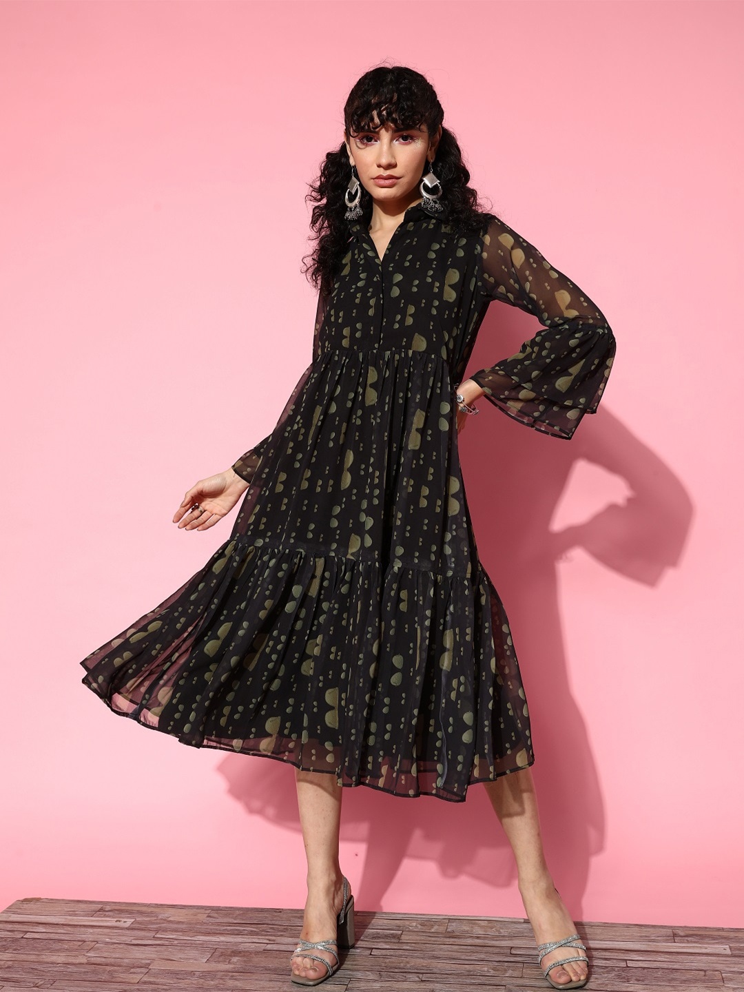 

KALINI Conversational Printed Shirt Collar A-Line Midi Dress, Black