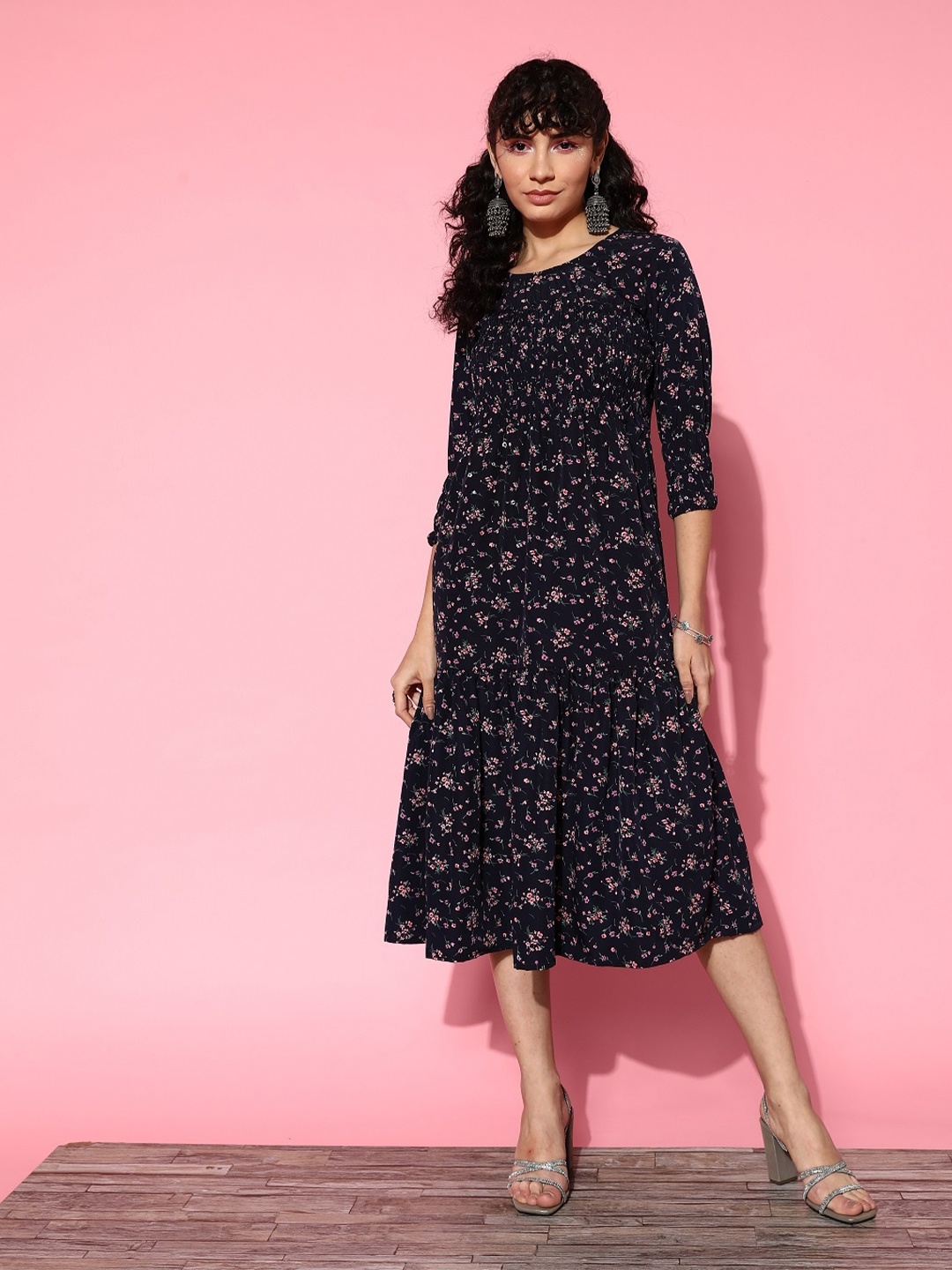 

KALINI Floral Printed Cut Out A-Line Midi Dress, Navy blue