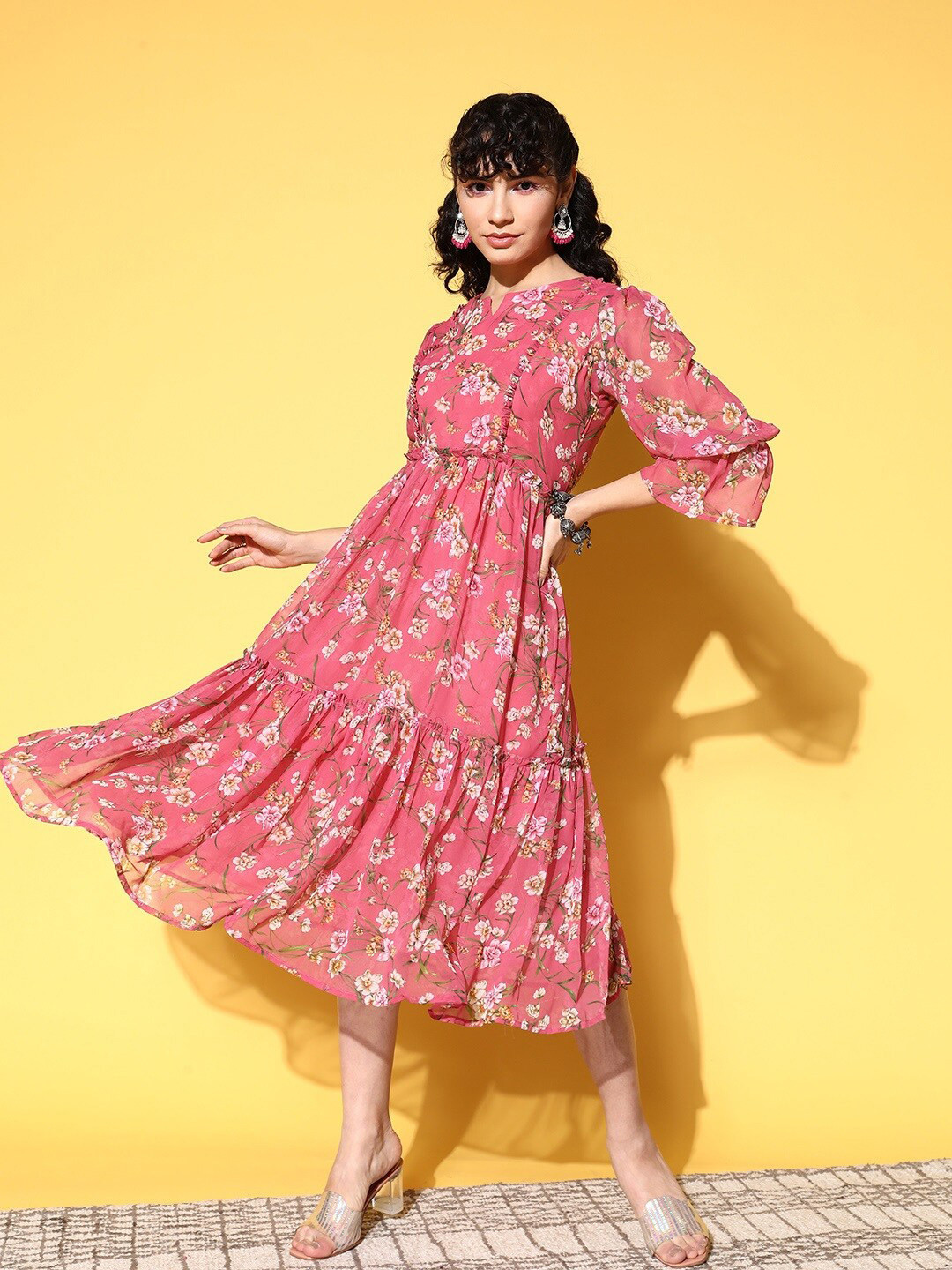 

KALINI Floral Printed Bell Sleeves Georgette Fit & Flare Dress, Pink