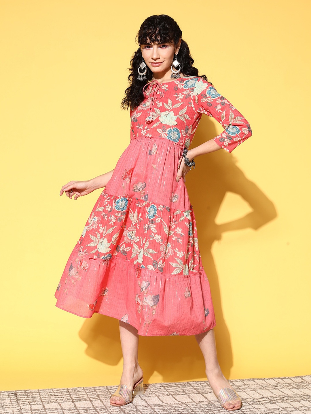 

KALINI Floral Printed Pure Cotton Fit & Flare Dress, Pink