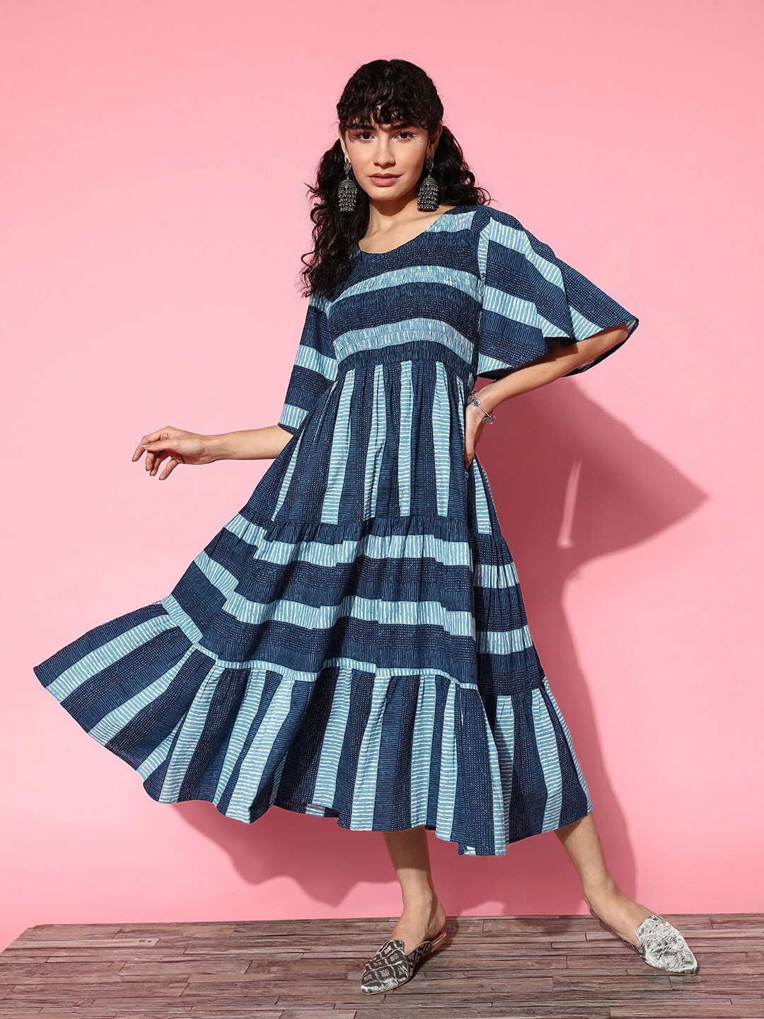 

KALINI Striped Flared Sleeves Smocked Pure Cotton Fit & Flare Midi Dress, Blue