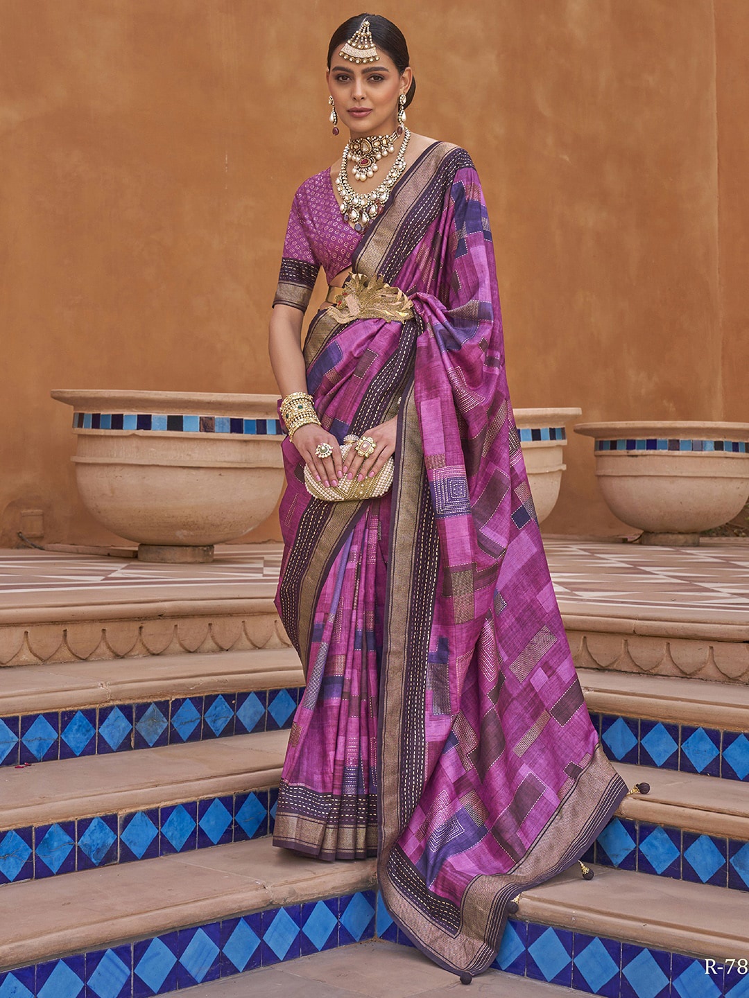 

Anouk Magenta & Violet Geometric Woven Design Zari Saree