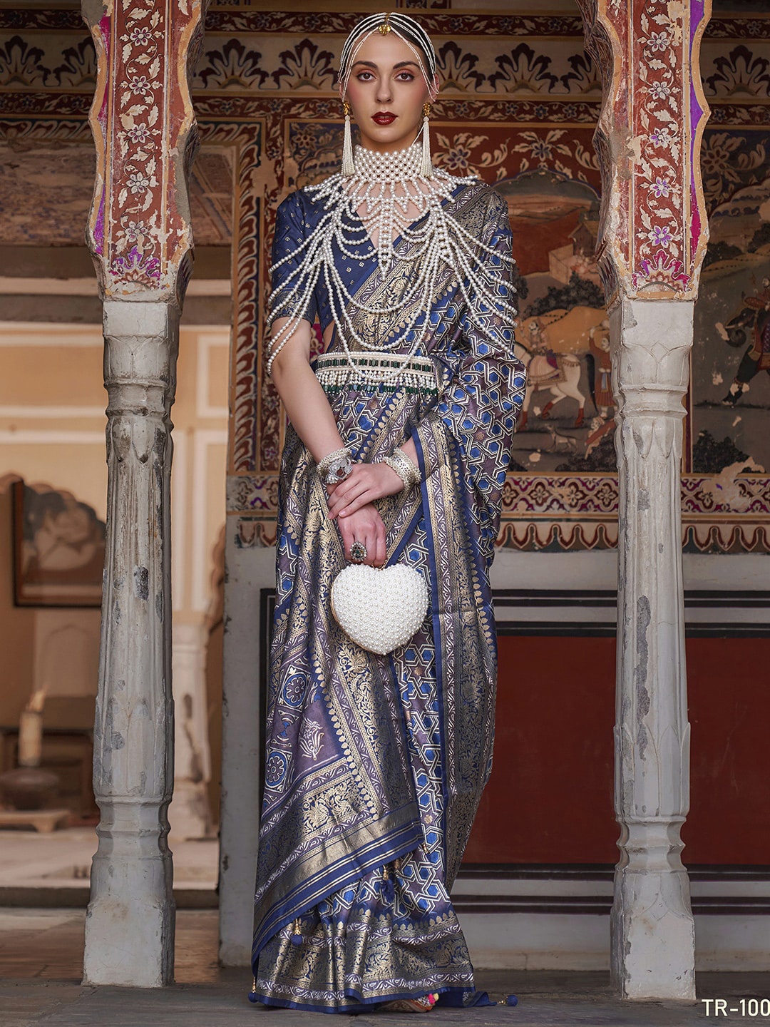 

Anouk Grey & Blue Geometric Woven Design Zari Banarasi Saree