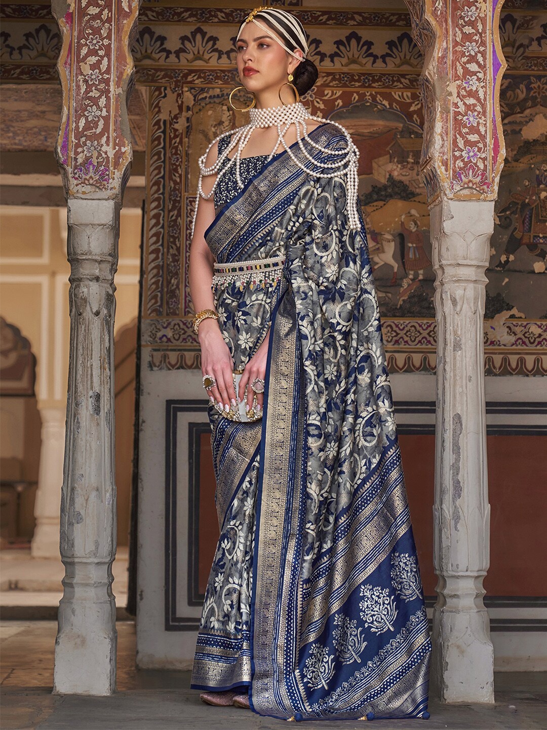 

Anouk Grey & Blue Ethnic Motif Woven Design Zari Banarasi Saree