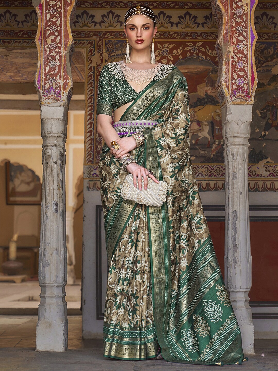 

Anouk Beige & Green EThnic Motif Woven Design Banarasi Saree