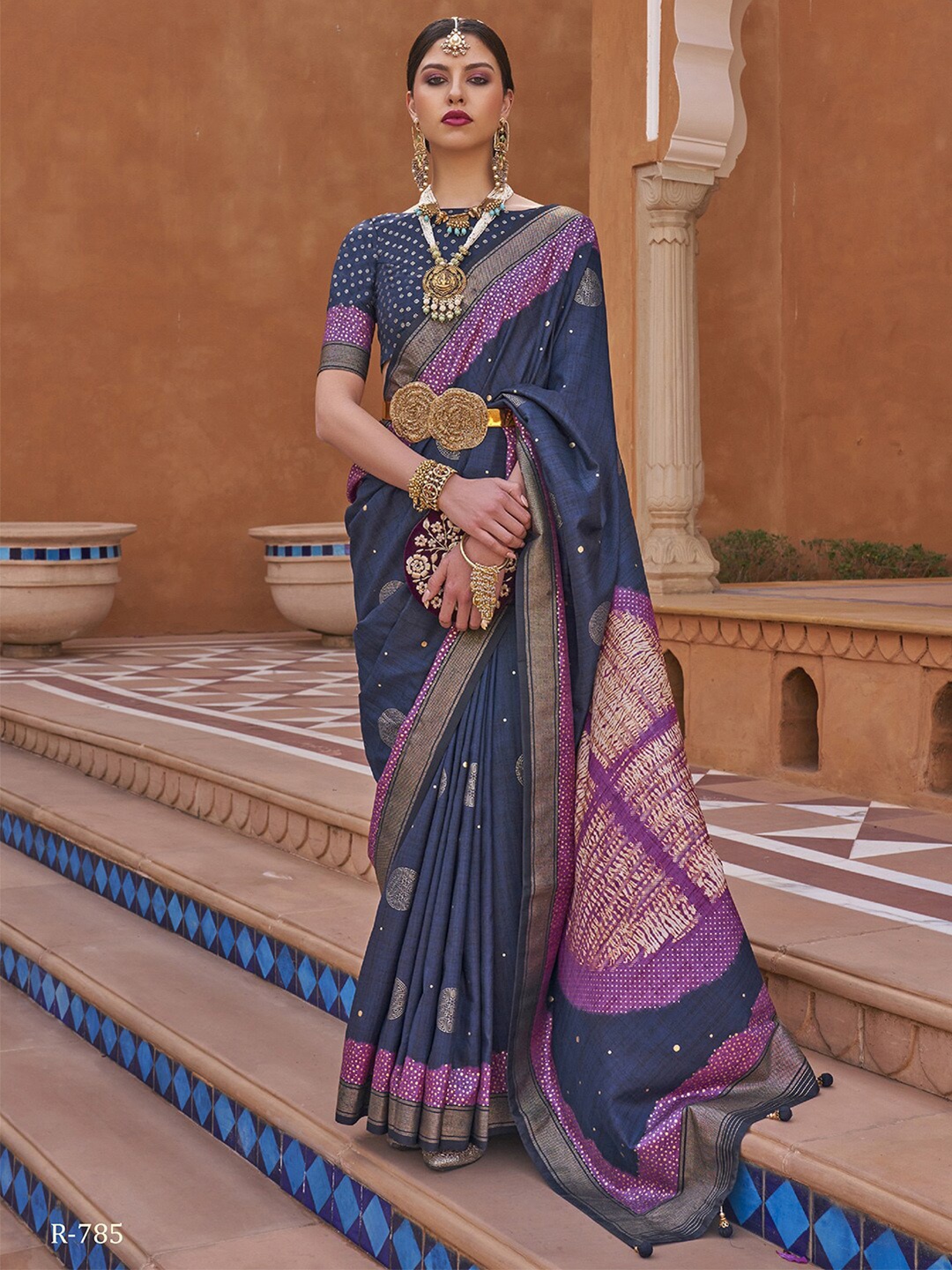 

Anouk Navy Blue & Purple Geometric Woven Design Zari Saree