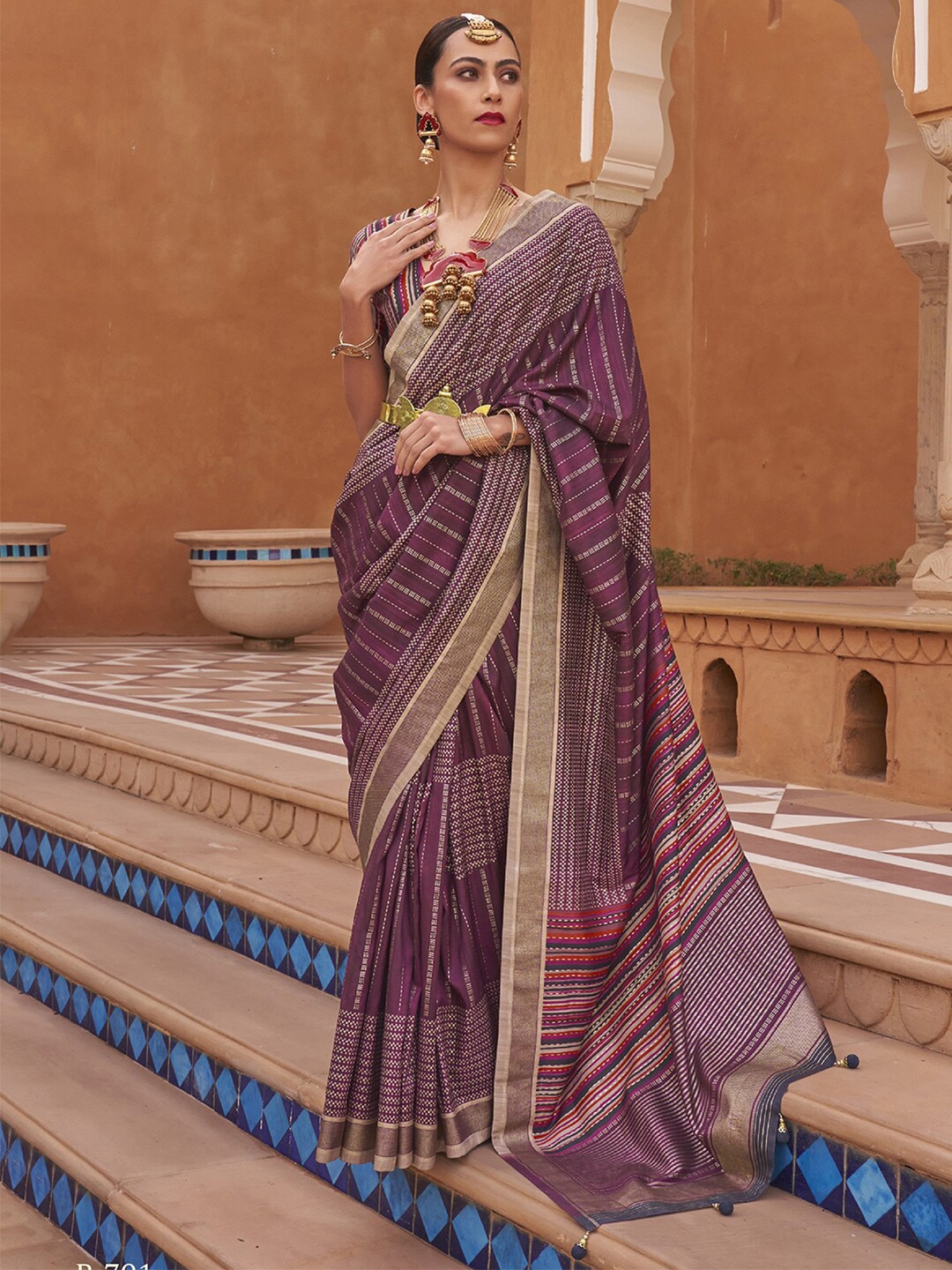 

Anouk Purple & Red Striped Woven Design Zari Saree