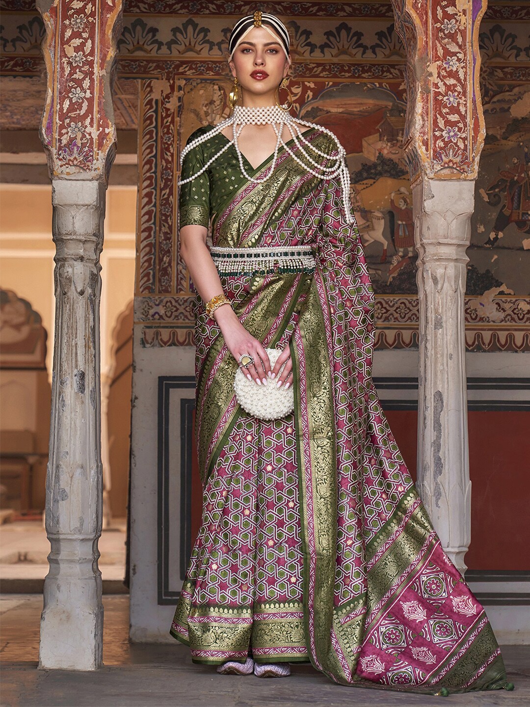 

Anouk Olive Green & Magenta Geometric Woven Design Zari Banarasi Saree