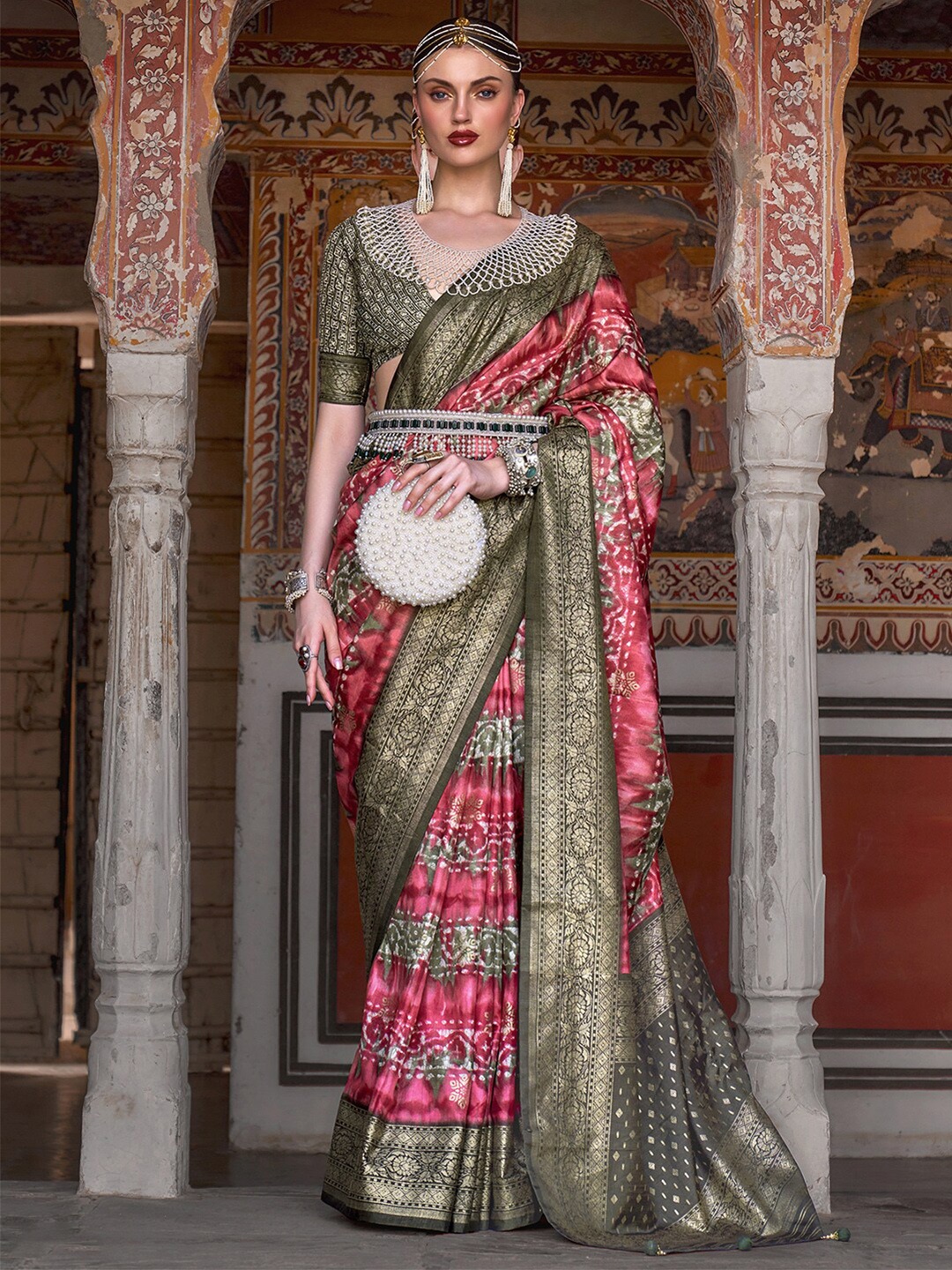 

Anouk Pink & Beige Ethnic Motif Woven Design Zari Banarasi Saree