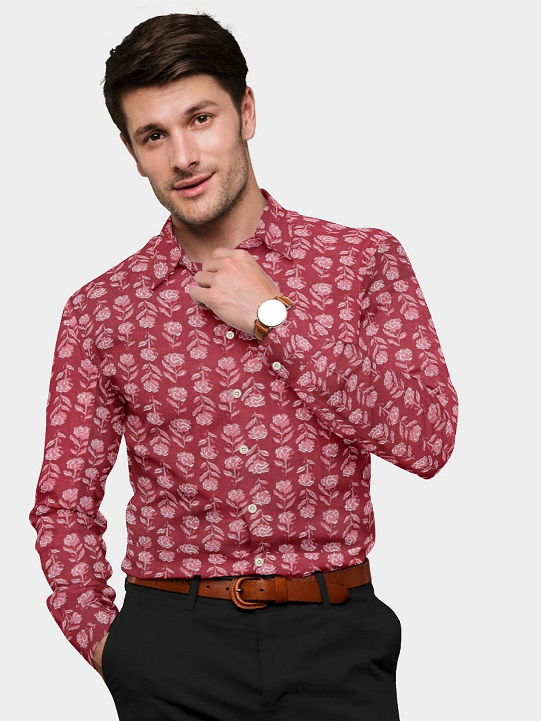 

misbis Floral Printed Spread Collar Cotton Relaxed Slim Fit Casual Shirt, Maroon