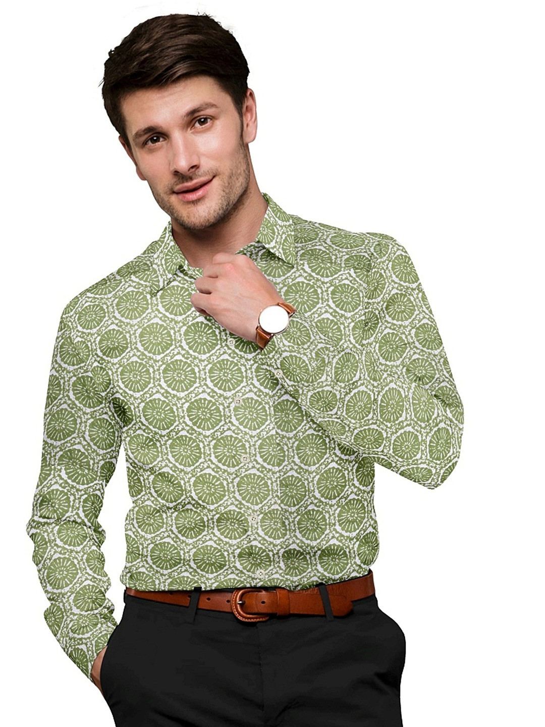 

misbis Relaxed Printed Slim Fit Opaque Pure Cotton Casual Shirt, Green